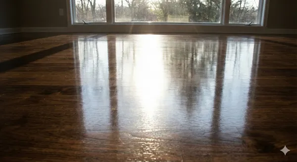 Pristine hardwood floor with mirror-like reflection showing professional cleaning results